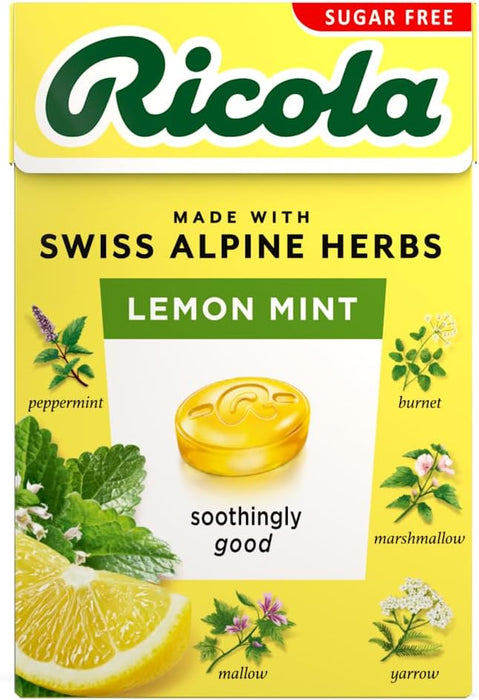 Ricola Lemon Mint Sugar Free Swiss Herbal Sweets, Herb Drops, Sweet Box 45g - Pack of 4