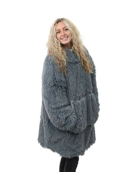 Shaggy Oversized Yeti Style Cosy Reversible Sherpa Hoodie Unisex - Grey