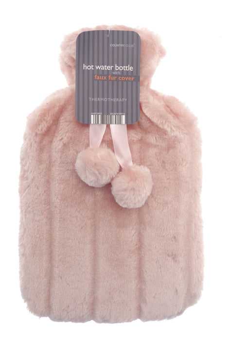 Hot Water Bottle 2ltr In Faux Fur Plush with Pom poms