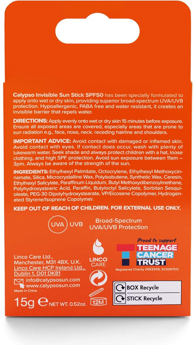 Calypso Invisible Sun Stick, SPF50 Sun Protection for Wet and Dry Skin 15g x 3
