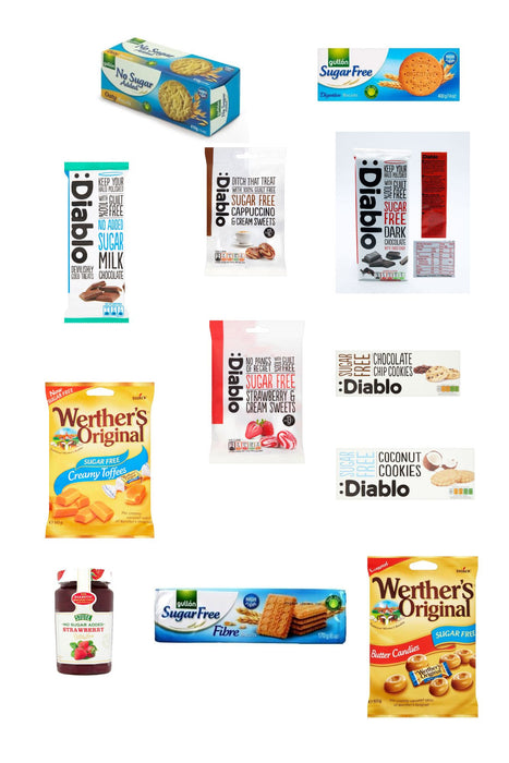 Deluxe Sugar Free Snack Box with 12 Selected Delights [Cookies, Chocolates, Biscuits, Jams and Sweets]