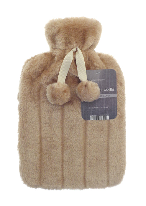 Hot Water Bottle 2ltr In Faux Fur Plush with Pom poms