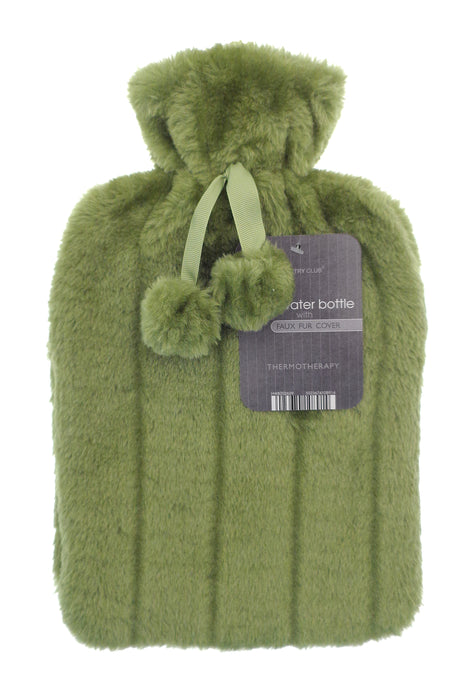 Hot Water Bottle 2ltr In Faux Fur Plush with Pom poms