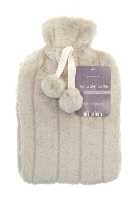 Hot Water Bottle 2ltr In Faux Fur Plush with Pom poms