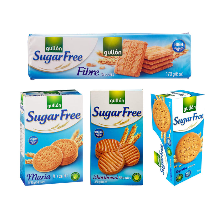 Gullon Sugar Free Biscuits Plain Assortment x 4 Diabetic friendly Types - Maria, Shortbread, Fiber & Digestive on Christmas, mothers & Fathers days gift pack (1 Bundle)
