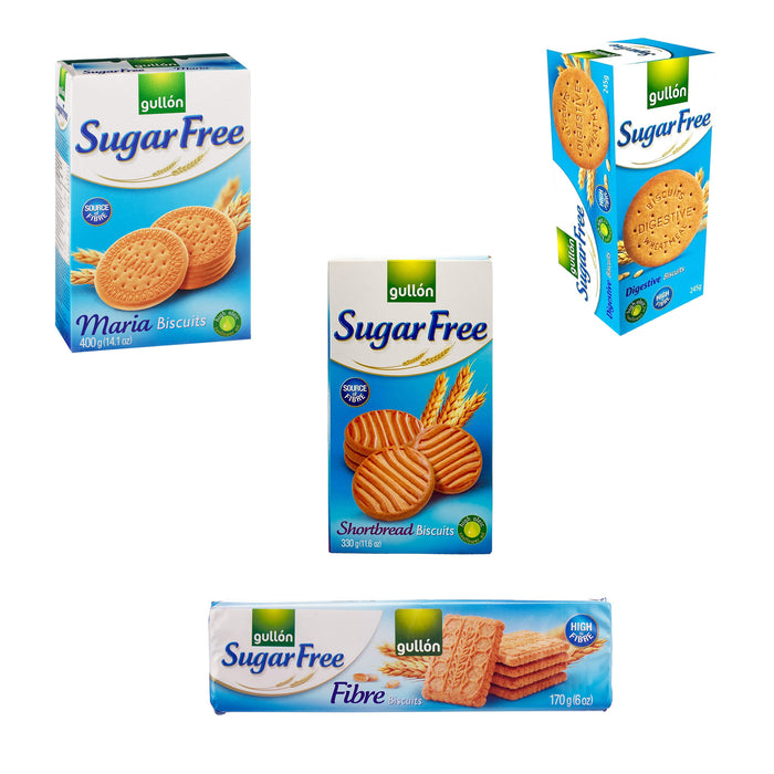 Gullon Sugar Free Biscuits Plain Assortment x 4 Diabetic friendly Types - Maria, Shortbread, Fiber & Digestive on Christmas, mothers & Fathers days gift pack (1 Bundle)