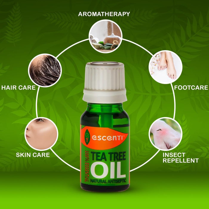 Escenti Natural Tea Tree Essential Oil 100% Antiseptic - for Acne, Insect Bites, Small Cuts - Essential Tee Tree Oil 10ml