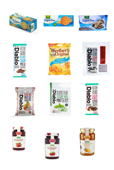 Sugar Free-Mixed Indulgence Hamper with 12 Selected Delights [Chocolates, Biscuits, Jams and Sweets]