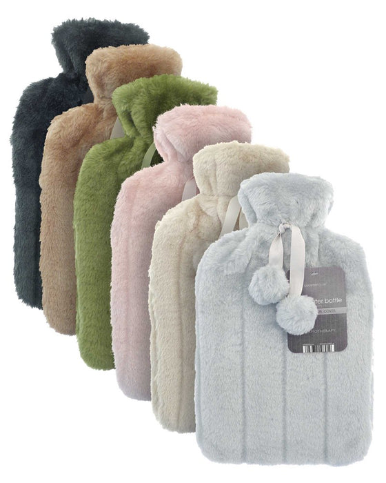 Hot Water Bottle 2ltr In Faux Fur Plush with Pom poms