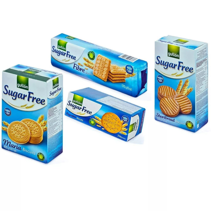 Gullon Sugar Free Biscuits Plain Assortment x 4 Diabetic friendly Types - Maria, Shortbread, Fiber & Digestive on Christmas, mothers & Fathers days gift pack (1 Bundle)