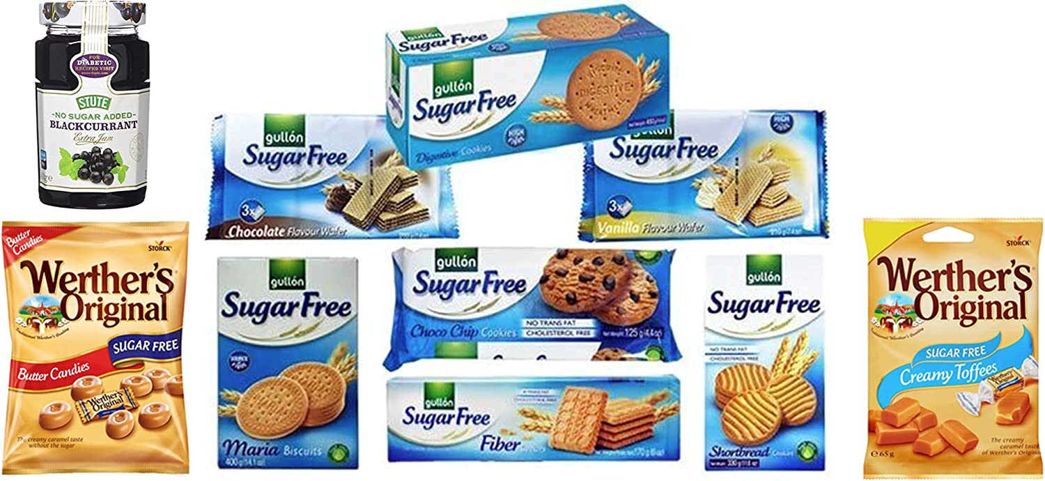 Gullon Sugar Free Biscuits Hamper 10 Pack - Selection of Lovely Sugar Free Biscuits, Blackcurrant Jam & Sweets