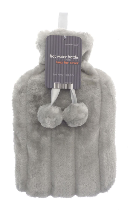 Hot Water Bottle 2ltr In Faux Fur Plush with Pom poms